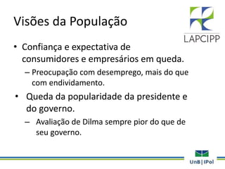 Visões da População
• Confiança e expectativa de
consumidores e empresários em queda.
– Preocupação com desemprego, mais do que
com endividamento.
• Queda da popularidade da presidente e
do governo.
– Avaliação de Dilma sempre pior do que de
seu governo.
 