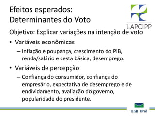 Efeitos esperados:
Determinantes do Voto
Objetivo: Explicar variações na intenção de voto
• Variáveis econômicas
– Inflação e poupança, crescimento do PIB,
renda/salário e cesta básica, desemprego.
• Variáveis de percepção
– Confiança do consumidor, confiança do
empresário, expectativa de desemprego e de
endividamento, avaliação do governo,
popularidade do presidente.
 