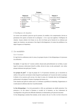 Curseur

                      Théorie X                                                 Théorie Y
                  Mon cadre de référence                                       Son cadre de référence
                  La personne = un objet                                       La personne = un sujet
                  de production                                                en croissance
                  Approche poisson                                             Approche canne à pêche
                  Dépendance                                                   Autonomie par vision
                                                                               partagée
                  Délégation
                                                                               Subsidiarité
                  Contrôle et motivation
                  exogènes                                                     Contrôle et motivation
                                                                               endogènes




  L’intelligence de situation
  Les acteurs sont entraînés à percevoir que les postures, les modèles et les comportements, doivent en
  permanence être ajustés en fonction de la contingence : c’est ce que nous appelons, l’intelligence de
  situation. Aucune solution n’est bonne en soi, elle n’est bonne qu’en fonction de sa cohérence par
  rapport aux situations, aux personnes et leur degré de développement, à la nature des problèmes et au
  degré d’urgence et d’importance.




3. Les modalités
  Les 4 vecteurs
  Il s’agit là de la combinaison entre le cursus, les groupes de pairs, le lieu thérapeutique et le processus
  de certification.


  Le cursus : il s’agit donc de 7 sessions centrées chacune plus particulièrement sur un thème, et pour
  lequel le processus relativement directif au début, devient de plus en plus participatif, voire même
  presque totalement auto géré pour l’examen.


  Les groupes de pairs5 : il s’agit de groupes de 5 à 10 personnes maximum, qui se rencontrent au
  rythme et lieu qui leur conviennent et dans lesquels les participants ont l’occasion de mettre en pratique
  la théorie et les exercices qu’ils ont pu vivre dans le cursus, de s’entraider dans leur développement
  professionnel et de préparer l’examen, de partager des lectures, etc…
  Cette situation auto gérée les amène aussi à se confronter au problème de leadership, d’appartenance et
  à mettre plus de cohérence dans leur vie professionnelle.


  Le lieu thérapeutique : il est très personnalisé et offre aux participants une double protection. Une
  protection à la fois durant la formation et au-delà de la formation, un lieu évidemment de
  reconfiguration et de gestion des difficultés identitaires et relationnelles qu’ils peuvent rencontrer.
  Ce lieu thérapeutique constitue bien entendu, un des vecteurs clés car il va être à la fois le lieu de la




                                           Copyright © transformance                                        11
 