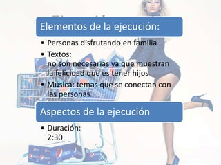 Ejecución creativaElementos de la ejecución:
• Personas disfrutando en familia
• Textos:
no son necesarias ya que muestran
la felicidad que es tener hijos
• Música: temas que se conectan con
las personas.
Aspectos de la ejecución
• Duración:
2:30
 