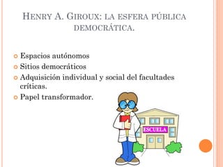 HENRY A. GIROUX: LA ESFERA PÚBLICA
DEMOCRÁTICA.
 Espacios autónomos
 Sitios democráticos
 Adquisición individual y social del facultades
críticas.
 Papel transformador.
 