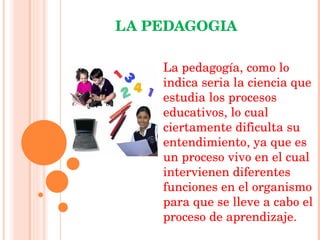 LA PEDAGOGIA La pedagogía, como lo indica seria la ciencia que estudia los procesos educativos, lo cual ciertamente dificulta su entendimiento, ya que es un proceso vivo en el cual intervienen diferentes funciones en el organismo para que se lleve a cabo el proceso de aprendizaje. 