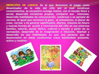 PRINCIPIO DE LUDICA: Es el que Reconoce el juego como
dinamizador de la vida del niño por el cual construye
conocimientos, se encuentra consigo mismo, con el mundo físico y
social, desarrolla iniciativas propias, comparte sus intereses,
desarrolla habilidades de comunicación, construye y se apropia de
normas. Al igual que reconoce el gozo, el entusiasmo, el placer de
crear, recrear y de generar significados, afectos, visiones de futuro
y nuevas formas de acción y convivencia del niño en sus entornos
familiar, natural, social, étnico, cultural y escolar a partir de su
recreación, desarrollo de la imaginación e intuición, libertad y
desarrollo de sus habilidades ya que una persona que se
desenvuelve en estas condiciones crece haciéndose presente,
activo y creativo.
 