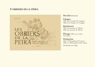 OBRIERS DE LA PÈIRA

                      Parcelle: Bellefeuille
                      Cépages:
                      2005: 65% Cinsault 35% Carignan
                      2006: 65% Cinsault 35% Carignan
                      Rendement:
                      2005: une moyenne de 14hl/ha
                      2006: une moyenne de 26hl/ha

                      Élevage: 100% cuve en bois
                      18-24 mois
                      Production:
                      2005: 5370 bouteilles (447 caisses)
                      2006: 12, 300 bouteilles (1025 caisses)
                      Sans ﬁltration ni collage
 