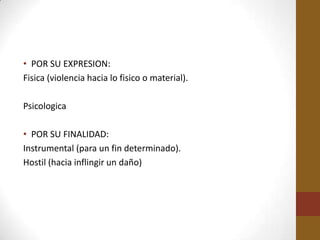 • POR SU EXPRESION:
Fisica (violencia hacia lo fisico o material).

Psicologica

• POR SU FINALIDAD:
Instrumental (para un fin determinado).
Hostil (hacia inflingir un daño)
 