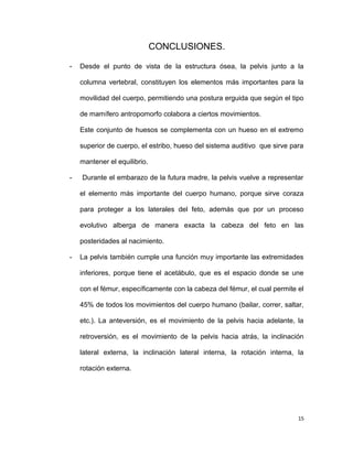 CONCLUSIONES.
- Desde el punto de vista de la estructura ósea, la pelvis junto a la
columna vertebral, constituyen los elementos más importantes para la
movilidad del cuerpo, permitiendo una postura erguida que según el tipo
de mamífero antropomorfo colabora a ciertos movimientos.
Este conjunto de huesos se complementa con un hueso en el extremo
superior de cuerpo, el estribo, hueso del sistema auditivo que sirve para
mantener el equilibrio.
- Durante el embarazo de la futura madre, la pelvis vuelve a representar
el elemento más importante del cuerpo humano, porque sirve coraza
para proteger a los laterales del feto, además que por un proceso
evolutivo alberga de manera exacta la cabeza del feto en las
posteridades al nacimiento.
- La pelvis también cumple una función muy importante las extremidades
inferiores, porque tiene el acetábulo, que es el espacio donde se une
con el fémur, específicamente con la cabeza del fémur, el cual permite el
45% de todos los movimientos del cuerpo humano (bailar, correr, saltar,
etc.). La anteversión, es el movimiento de la pelvis hacia adelante, la
retroversión, es el movimiento de la pelvis hacia atrás, la inclinación
lateral externa, la inclinación lateral interna, la rotación interna, la
rotación externa.
15
 