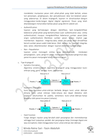 Laporan Pendahuluan PraktikumKeamanan Data
2 Winda Ratna Sari - Yasin Abdullah
3 D3 InformatikaB
2103131031 - 2103131044
mendeteksi manipulasi pesan oleh pihak-pihak yang tidak berhak, antara
lain penyisipan, penghapusan, dan pensubsitusian data lain kedalam pesan
yang sebenarnya. Di dalam kriptografi, layanan ini direalisasikan dengan
menggunakan tanda-tangan digital (digital signature). Pesan yang telah
ditandatangani menyiratkan bahwa pesan yang dikirim adalah asli.
- Authentification
layanan yang berhubungan dengan identifikasi, baik mengidentifikasi
kebenaran pihak-pihak yang berkomunikasi (user authentication atau entity
authentication) maupun mengidentifikasi kebenaran sumber pesan (data
origin authentication). Otentikasi sumber pesan secara implisit juga
memberikan kepastian integritas data, sebab jika pesan telah dimodifikasi
berarti sumber pesan sudah tidak benar. Oleh karena itu, layanan integritas
data selalu dikombinasikan dengan layanan otentikasi sumber pesan.
- Non – Repudiation
layanan untuk mencegah entitas yang berkomunikasi melakukan
penyangkalan, yaitu pengirim pesan menyangkal melakukan pengiriman atau
penerima pesan menyangkal telah menerima pesan.
c. Tipe Kriptografi
- Symetric Encription
Algoritma simetris adalah algoritma kriptografi yang menggunakan kunci
enkripsi yang sama dengan kunci dekripsinya.
- Asyimetric Encription
kunci yang digunakan untuk enkripsi berbeda dengan kunci untuk dekripsi
dimana kunci untuk enkripsi tidak rahasia dan dapat diketahui oleh
siapapun (diumumkan ke publik), sementara kunci untuk dekripsi hanya
diketahui oleh penerima pesan (rahasia).
- Hash Function
Fungsi dengan inputan yang berubah-ubah panjangnya dan memetakannya
sehingga hasil outputnya pendek dan panjangnya tetap (message digest-one
way encryption), tidak menggunakan kunci untuk enkripsi dan dekripsi.
 
