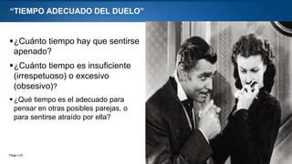 Page  23
“TIEMPO ADECUADO DEL DUELO”
¿Cuánto tiempo hay que sentirse
apenado?
¿Cuánto tiempo es insuficiente
(irrespetuoso) o excesivo
(obsesivo)?
¿Qué tiempo es el adecuado para
pensar en otras posibles parejas, o
para sentirse atraído por ella?
 