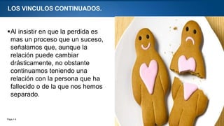 Page  4
LOS VINCULOS CONTINUADOS.
Al insistir en que la perdida es
mas un proceso que un suceso,
señalamos que, aunque la
relación puede cambiar
drásticamente, no obstante
continuamos teniendo una
relación con la persona que ha
fallecido o de la que nos hemos
separado.
 