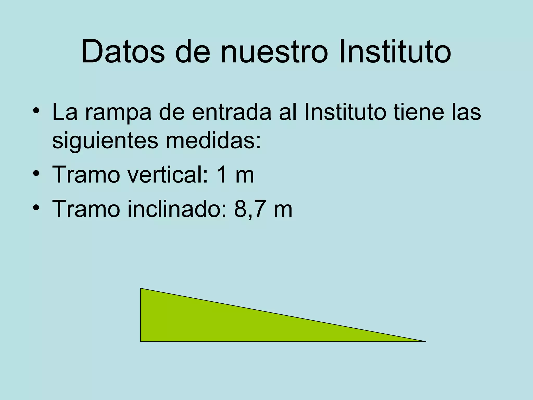 Datos de nuestro Instituto
• La rampa de entrada al Instituto tiene las
siguientes medidas:
• Tramo vertical: 1 m
• Tramo inclinado: 8,7 m
 