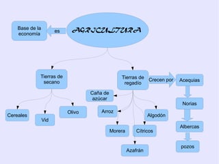Base de la               AGRICULTURA
                       es
    economía




             Tierras de                           Tierras de Crecen por
              secano                                                       Acequias
                                                   regadío

                                    Caña de
                                     azúcar
                                                                            Norias
                            Olivo       Arroz
Cereales                                                         Algodón
                 Vid
                                                                           Albercas
                                              Morera       Cítricos


                                                                           pozos
                                                       Azafrán
 