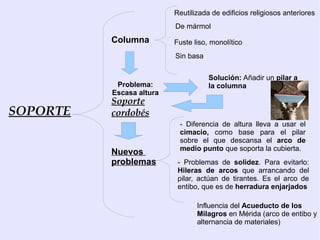 Reutilizada de edificios religiosos anteriores
                          De mármol
          Columna         Fuste liso, monolítico
                          Sin basa

                                     Solución: Añadir un pilar a
           Problema:                 la columna
          Escasa altura
          Soporte
SOPORTE   cordobés
                           - Diferencia de altura lleva a usar el
                           cimacio, como base para el pilar
                           sobre el que descansa el arco de
                           medio punto que soporta la cubierta.
          Nuevos
          problemas        - Problemas de solidez. Para evitarlo:
                           Hileras de arcos que arrancando del
                           pilar, actúan de tirantes. Es el arco de
                           entibo, que es de herradura enjarjados

                                 Influencia del Acueducto de los
                                 Milagros en Mérida (arco de entibo y
                                 alternancia de materiales)
 