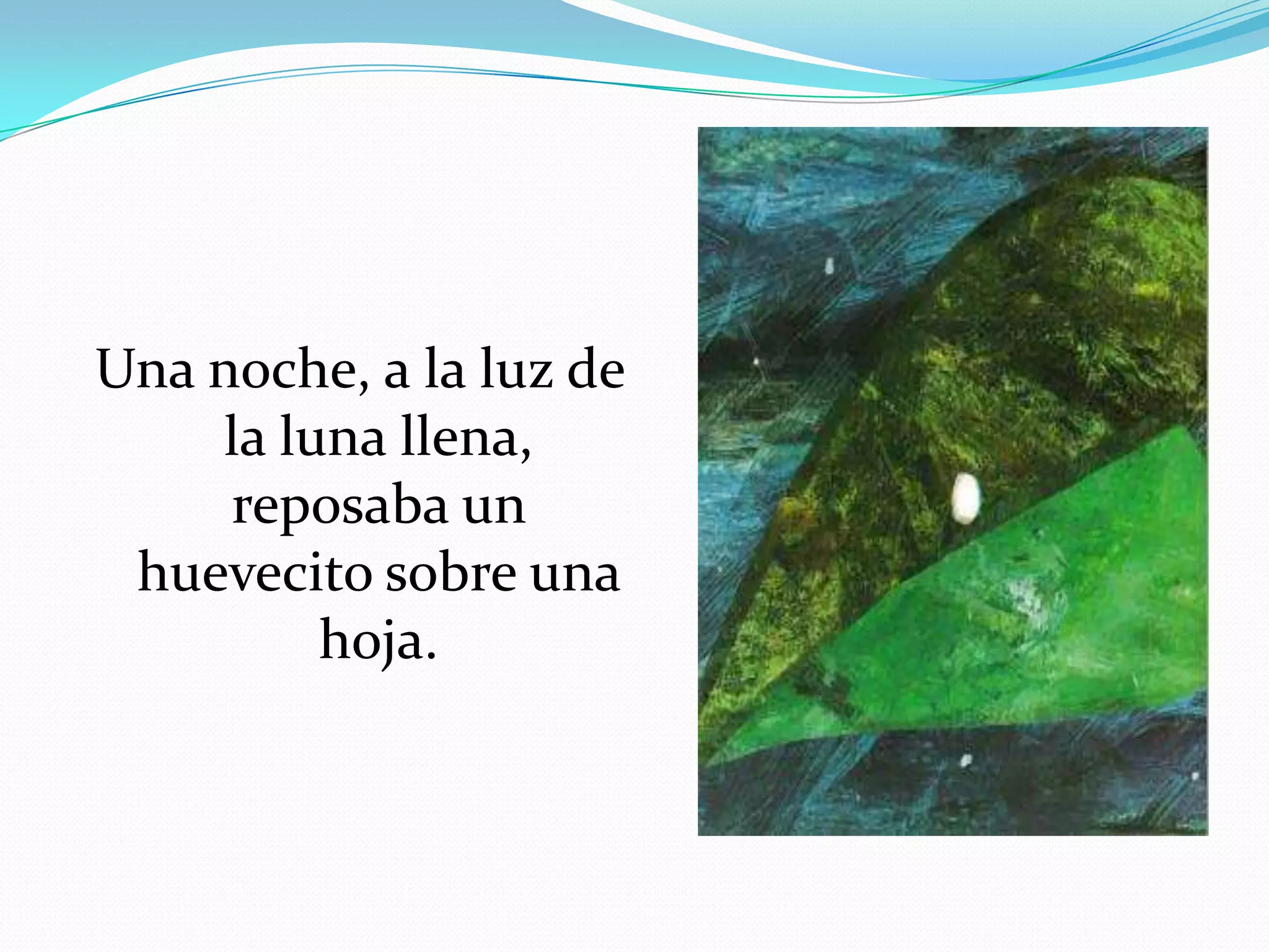 Una noche, a la luz de
la luna llena,
reposaba un
huevecito sobre una
hoja.