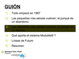 GUIÓN
1)   Todo empezó en 1987
2)   Las pequeñas vías aéreas vuelven: el porqué de
     un abandono.
3)   Las pequeñas vías aéreas vuelven: el porqué de
     un retorno.
4)   Qué aporta el sistema Modulite® ?
5)   Líneas de Futuro
6)   Resumen
 