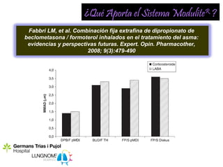 ¿Qué Aporta el Sistema ModuliteR ?
 Fabbri LM, et al. Combinación fija extrafina de dipropionato de
beclometasona / formoterol inhalados en el tratamiento del asma:
 evidencias y perspectivas futuras. Expert. Opin. Pharmacother,
                       2008; 9(3):479-490
 