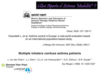 ¿Qué Aporta el Sistema ModuliteR ?




                                                      Chest, 2005; 127: 335-71

Cazzoletti L, et al. Asthma control in Europe: a real-world evaluation based
                 on an international population-based study.

                               J Allergy Clin Immunol. 2007 Dec;120(6):1360-7.




                                                  Eur Respir J 1999; 14: 1034-1037
 
