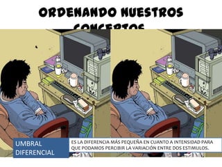 Ordenando nuestros conceptos. UMBRAL DIFERENCIALES LA DIFERENCIA MÁS PEQUEÑA EN CUANTO A INTENSIDAD PARA QUE PODAMOS PERCIBIR LA VARIACIÓN ENTRE DOS ESTIMULOS.