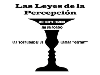 Las Leyes de la
  Percepción
               NO EXISTE FIGURA
                 SIN UN FONDO



LAS TOTALIDADES SE          LLAMAN “GESTALT”
 