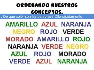 Ordenando nuestros
             conceptos.
¿De qué color son las palabras? Dilo rápidamente.
 