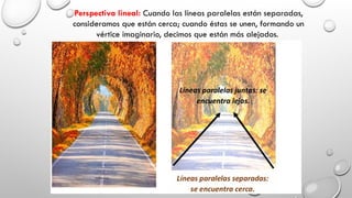Perspectiva lineal: Cuando las líneas paralelas están separadas,
consideramos que están cerca; cuando éstas se unen, formando un
vértice imaginario, decimos que están más alejados.
 