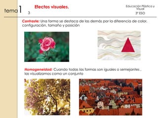 1

tema

Efectos visuales.
3

Educación Plástica y
Visual

3º ESO

Contraste: Una forma se destaca de las demás por la diferencia de color,
configuración, tamaño y posición

Homogeneidad: Cuando todas las formas son iguales o semejantes ,
las visualizamos como un conjunto

 