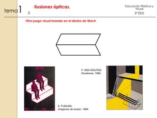 1

tema

Ilusiones ópticas.

Educación Plástica y
Visual

3

3º ESO

Otro juego visual basado en el diedro de Mach

F. VAN HOUTEN:
Escalones, 1984.

S. FUKUDA:
Imágenes de ilusión, 1984.

 