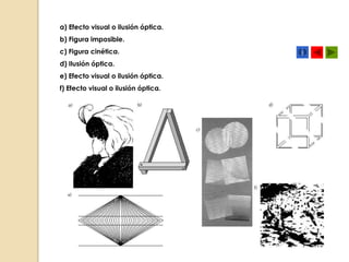 a) Efecto visual o ilusión óptica.
b) Figura imposible.
c) Figura cinética.
d) Ilusión óptica.
e) Efecto visual o ilusión óptica.
f) Efecto visual o ilusión óptica.

 