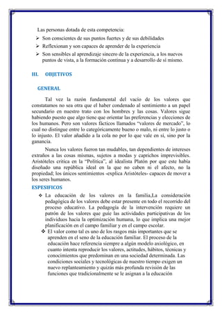 Las personas dotada de esta competencia:
   Son conscientes de sus puntos fuertes y de sus debilidades
   Reflexionan y son capaces de aprender de la experiencia
   Son sensibles al aprendizaje sincero de la experiencia, a los nuevos
    puntos de vista, a la formación continua y a desarrollo de sí mismo.

III.   OBJETIVOS

   GENERAL

       Tal vez la razón fundamental del vacío de los valores que
constatamos no sea otra que el haber condenado al sentimiento a un papel
secundario en nuestro trato con los hombres y las cosas. Valores sigue
habiendo puesto que algo tiene que orientar las preferencias y elecciones de
los humanos. Pero son valores fácticos llamados “valores de mercado”, lo
cual no distingue entre lo categóricamente bueno o malo, ni entre lo justo o
lo injusto. El valor añadido a la cola no por lo que vale en sí, sino por la
ganancia.
       Nunca los valores fueron tan mudables, tan dependientes de intereses
extraños a las cosas mismas, sujetos a modas y caprichos imprevisibles.
Aristóteles critica en la “Política”, al idealista Platón por que este había
diseñado una república ideal en la que no caben ni el afecto, no la
propiedad; los únicos sentimientos -explica Aristóteles- capaces de mover a
los seres humanos.
ESPESIFICOS
   La educación de los valores en la familia,La consideración
     pedagógica de los valores debe estar presente en todo el recorrido del
     proceso educativo. La pedagogía de la intervención requiere un
     patrón de los valores que guíe las actividades participativas de los
     individuos hacia la optimización humana, lo que implica una mejor
     planificación en el campo familiar y en el campo escolar.
    El valor como tal es uno de los rasgos más importantes que se
      aprenden en el seno de la educación familiar. El proceso de la
      educación hace referencia siempre a algún modelo axiológico, en
      cuanto intenta reproducir los valores, actitudes, hábitos, técnicas y
      conocimientos que predominan en una sociedad determinada. Las
      condiciones sociales y tecnológicas de nuestro tiempo exigen un
      nuevo replanteamiento y quizás más profunda revisión de las
      funciones que tradicionalmente se le asignan a la educación
 
