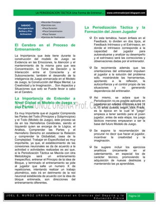 LA PERIODIZACION TÁCTICA Una Forma de Entrenar… www.entrenadorjoel.blogspot.com

                          •Recordar Principios
         SABADO           •Ejercicios con:
      (Recuperacion        •Poca Duracion                 La Periodización Táctica y la
       Activa y Pre-       •Poca Concentracion            Formación del Joven Jugador
        Activacion         •Poca Tension
                          •Ejericios de Finalizacion             En esta temática, hacen énfasis en el
                                                                 Feedback, lo dividen en dos tipos, el
    El Cerebro en el Proceso de                                  Feedback Intrínseco y el Extrínseco, en
                                                                 donde el intrínseco corresponde a la
    Entrenamiento                                                capacidad      del     jugador     para
    La Importancia que éste tiene durante la                     autoevaluarse y analizar su desempeño
    construcción del modelo de Juego se                          y el extrínseco será las correcciones y
    Evidencia en las Emociones, la Atención y el                 observaciones dadas por el entrenador.
    mantenimiento de la misma para que sea
    Concentración, la Toma de Decisión y la                      Se recomienda además que las
    Interacción entre el Consciente y el                         orientaciones del entrenador impulsen
    Subconsciente; también el desarrollo de la                   al jugador a la solución del problema
    inteligencia de Juego enmarcada en el Modelo                 solo, mostrándole las herramientas,
    de Juego, la Construcción del Mapa Mental, La                aportando     a    la    reflexión,    la
    Creatividad y la Imaginación… Son Aspectos y                 autoconfianza y el control propio de las
    Situaciones que solo se Puede llevar a cabo                  situaciones     y     no      generando
    en el Cerebro.                                               dependencia del entrenador.

    La Importancia de Entender a                                 Asi mismo, se aclara que la
                                                                 Periodización no es posible aplicarla en
    Nivel Global el Modelo de Juego y                            jugadores en edades inferiores a los 14
    sus Partes                                                   o 15 años cuando según Vitor Frade,
                                                                 es la época en la cual el “juego”
    Es muy Importante que el Jugador Comprenda                   empieza a tener sentido para el joven
    las Partes del Todo (Principios y Súbprincipios)             jugador, antes de esta etapa, los juego
    y el Todo (Modelo de Juego), este proceso se                 tácticos menores empezaran a ser la
    da en los Hemisferios Cerebrales, siendo el                  base del futuro Modelo de Juego.
    Izquierdo quien se encarga de la Lógica, el
    Análisis, Comprender las Partes y el                         Se expone la recomendación de
    Hemisferio Derecho en establecer la Relación                 procurar no decir que hacer al jugador,
    y comprender la Globalidad, osea de la                       incentivar   la   creatividad    y   la
    Complejidad. Trabajar en Especificidad es muy                imaginación.
    importante, ya que, el establecimiento de las
    conexiones neuronales se da de acuerdo a la                  Se sugiere incluir los ejercicios
    actividad o actividades realizadas es así que,               analíticos    únicamente     en el
    si la Periodización Táctica se Mezcla con otra               calentamiento, en especial los de
    Metodología       será     un      entrenamiento             carácter técnico, promoviendo la
    Inespecífico, entrenar el Principio de la idea de            adquisición de nuevas destrezas y
    Bloque, y terminado el entrenamiento se pide                 manteniendo las ya aprendidas.
    al jugador que salte un numero X de
    repeticiones, intentando realizar un trabajo
    pliométrico, esto irá en detrimento de la red
    neuronal establecida de acuerdo con la idea de
    bloque entrenada, son direcciones del
    entrenamiento diferentes.



JOEL E. MUÑOZ URBINA Profesional en Ciencias del Deporte y la                               Página 10
                                            Educación Física
 