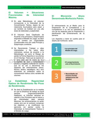 LA PERIODIZACION TÁCTICA Una Forma de Entrenar… www.entrenadorjoel.blogspot.com

    El   Volumen          =      Situaciones
    Fraccionadas          de      Intensidad            El     Microcíclo      Ahora
    Máxima.                                             Denominado Morfocíclo Patrón.
         En esta Metodología, el volumen
         corresponde a la intensidad de la
         Concentración Táctica, dejara de ser           El entrenamiento es el Medio para la
         netamente Acumulativo para pasar a             Preparación de la Competencia y la
         ser también de Calidad con una alta            Competencia a su vez es Indicadora de
         dosis de relatividad y subjetividad.           uno de los aspectos para la Preparación y
                                                        planificación del Entrenamiento de la
         El Volumen Será Clasificado de                 semana.
         Acuerdo a los principios y Súbprincipios
         asignados al Modelo de Juego, es decir         Los Aspectos a tener en cuenta para el
         no se contara por Capacidades                  diseño del morfociclo serán:
         Condicionales sino por cada Principio y
         Súbprincipio a entrenar.

         Se Recomienda Trabajar a altas
         Intensidades y No sobre altos
         volúmenes, porque de acuerdo a la
         Metodología, se corre el Riesgo de
                                                           1            •Los principios del
                                                                         Modelo de Juego.


         perder la Forma Deportiva si se prioriza
         en el Volumen. Tesis que se expone en
         el Libro pero que de nuevo es muy
         susceptible de duda y comprobación
         positiva y negativa, teniendo en cuenta
         que no se van a discriminar los
         aspectos del entrenamiento (física,
                                                            2           •El comportamiento
                                                                         ante el Rival Anterior.


         técnico, táctico, estratégico, etc.) sino
         solamente se enfatizara sobre la
         concentración táctica como variable del

                                                           3
                                                                        • Necesidades del
         volumen.                                                        Próximo Partido
                                                                         (Adaptaciones del
                                                                         Modelo)
    La    Estabilidad, Regularidad
    Optima de Rendimiento No Picos
    de Rendimiento.
         Se dará la Estabilización en la medida
         en que la Dinámica de trabajo se Igual
         siempre            (organizacionalmente
         Hablando), el Volumen semanal en
         relación a los Principios sea el mismo y
         las    intensidades     sean     siempre
         Máximas; los entrenamientos no serán
         copias sino por el contrario conservan
         los objetivos y se modificaran los
         ejercicios sin atentar contra la
         Intensidad, la Concentración Táctica ni
         el Modelo de Juego.
JOEL E. MUÑOZ URBINA Profesional en Ciencias del Deporte y la                          Página 8
                                            Educación Física
 
