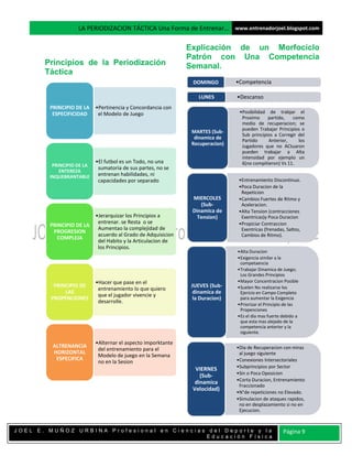 LA PERIODIZACION TÁCTICA Una Forma de Entrenar… www.entrenadorjoel.blogspot.com

                                                              Explicación de un Morfocíclo
                                                              Patrón con Una Competencia
       Principios de la Periodización                         Semanal.
       Táctica
                                                               DOMINGO         •Competencia

                                                                  LUNES        •Descanso
        PRINCIPIO DE LA    •Pertinencia y Concordancia con
         ESPECIFICIDAD      el Modelo de Juego                                  •Posibilidad de trabjar el
                                                                                 Proximo     partido,   como
                                                                                 medio de recuperacion; se
                                                                                 pueden Trabajar Principios o
                                                               MARTES (Sub-
                                                                                 Sub principios a Corregir del
                                                                dinamica de
                                                                                 Partido     Anterior,     los
                                                               Recuperacion)     Jugadores que no ACtuaron
                                                                                 pueden trabajar a Alta
                                                                                 intensidad por ejemplo un
                           •El futbol es un Todo, no una                         6(no compitieron) Vs 11.
         PRINCIPIO DE LA
                            sumatoria de sus partes, no se
            ENTEREZA
        INQUEBRANTABLE      entrenan habilidades, ni
                            capacidades por separado                            •Entrenamiento Discontinuo.
                                                                                •Poca Duracion de la
                                                                                 Repeticion
                                                               MIERCOLES        •Cambios Fuertes de Ritmo y
                                                                  (Sub-          Aceleracion.
                                                               Dinamica de      •Alta Tension (contracciones
                           •Jerarquizar los Principios a         Tension)        Exentricas)y Poca Duracion
                            entrenar. se Resta o se                             •Propiciar Contraccion
        PRINCIPIO DE LA
                            Aumentao la complejidad de                           Exentricas (frenadas, Saltos,
         PROGRESION
                            acuerdo al Grado de Adquisicion                      Cambios de Ritmo).
          COMPLEJA
                            del Habito y la Articulacion de
                            los Principios.
                                                                               •Alta Duracion
                                                                               •Exigencia similar a la
                                                                                competaencia
                                                                               •Trabajar Dinamica de Juego;
                                                                                Los Grandes Principios
                           •Hacer que pase en el                               •Mayor Concentracion Posible
         PRINCIPIO DE                                          JUEVES (Sub-    •Suelen No realizarse los
                            entrenamiento lo que quiero
             LAS                                                dinamica de     Ejericio en Campo Completo
                            que el jugador vivencie y
        PROPENCIONES                                            la Duracion)    para aumentar la Exigencia
                            desarrolle.                                        •Priorizar el Principio de las
                                                                                Propenciones
                                                                               •Es el dia mas fuerte debido a
                                                                                que esta mas alejado de la
                                                                                competencia anterior y la
                                                                                siguiente.

                           •Alternar el aspecto imporktante
         ALTRENANCIA                                                           •Dia de Recuperacion con miras
                            del entrenamiento para el
         HORIZONTAL                                                             al juego siguiente
                            Modelo de juego en la Semana
          ESPECIFICA                                                           •Conexiones Intersectoriales
                            no en la Sesion
                                                                               •Subprincipios por Sector
                                                                VIERNES
                                                                               •Sin o Poca Oposicion
                                                                  (Sub-
                                                                               •Corta Duracion, Entrenamiento
                                                                dinamica
                                                                                Fraccionado
                                                               Velocidad)
                                                                               •N°de repeticiones no Elevado.
                                                                               •Simulacion de ataques rapidos,
                                                                                no en desplazamiento si no en
                                                                                Ejecucion.


JOEL E. MUÑOZ URBINA Profesional en Ciencias del Deporte y la                                        Página 9
                                            Educación Física
 