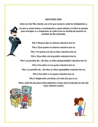 MATUTINO TINO
 Inicia con dos filas: donde una es la que compra o pide los trabajadores y
La otra es quien ofrece su participante y quien decide si el oficio le agrada
 para entregar a su integrante; en cada turno se cambia de posición sin
                         cambiar de fila cantando:


              Fila 1:“Buenos días mi señoría matutino tino ta
              Fila 2: Que quería mi señoría matutino tino ta
             Fila 1: Yo quería uno de sus hijos matutino tino ta
             Fila 2: Que oficio me le pondría matutino tino ta
 Fila 1: La pondría de… (Se dice un oficio desagradable) matutino tino ta
              Fila 2: Ese oficio no nos gusta matutino tino ta
   Fila 1: La pondría de… (Se dice un oficio agradable) matutino tino ta
               Fila 2: Ese oficio si me gusta matutino tino ta
           Fila 2: Hagámosle una fiesta a la niña (o) que se va.
Nota: cada fila da pasos hacia adelante y hacia atrás (imitando las olas del
                          mar) mientras cantan
 