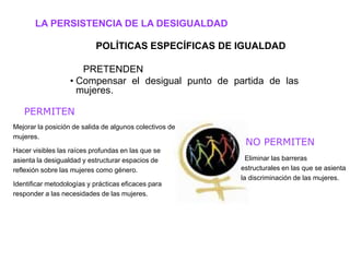 LA PERSISTENCIA DE LA DESIGUALDAD

                           POLÍTICAS ESPECÍFICAS DE IGUALDAD

                      PRETENDEN
                   • Compensar el desigual punto de partida de las
                     mujeres.

   PERMITEN
Mejorar la posición de salida de algunos colectivos de
mujeres.
                                                          NO PERMITEN
Hacer visibles las raíces profundas en las que se
asienta la desigualdad y estructurar espacios de          Eliminar las barreras
reflexión sobre las mujeres como género.                 estructurales en las que se
                                                         asienta la discriminación de las
Identificar metodologías y prácticas eficaces para       mujeres.
responder a las necesidades de las mujeres.
 