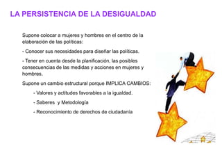 LA PERSISTENCIA DE LA DESIGUALDAD

  Supone colocar a mujeres y hombres en el centro de la
  elaboración de las políticas:
  - Conocer sus necesidades para diseñar las políticas.
  - Tener en cuenta desde la planificación, las posibles
  consecuencias de las medidas y acciones en mujeres y
  hombres.
  Supone un cambio estructural porque IMPLICA CAMBIOS:
       - Valores y actitudes favorables a la igualdad.
       - Saberes y Metodología
       - Reconocimiento de derechos de ciudadanía
 