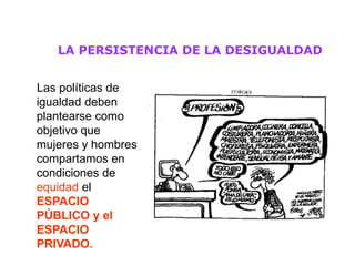 LA PERSISTENCIA DE LA DESIGUALDAD


Las políticas de
igualdad deben
plantearse como
objetivo que
mujeres y hombres
compartamos en
condiciones de
equidad el
ESPACIO
PÚBLICO y el
ESPACIO
PRIVADO.
 