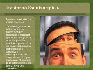 Trastorno Esquizotípico. 
Apariencia extraña (raro 
o extravagante) 
Un patrón general de 
déficit sociales e 
interpersonales 
asociados a malestar 
agudo y una capacidad 
reducida para las 
relaciones personales, 
así como distorsiones 
cognoscitivas o 
sensibles y 
extravagancias del 
comportamiento, que 
comienzan al principio 
de la edad adulta y se 
dan en diversos 
contextos. 
 