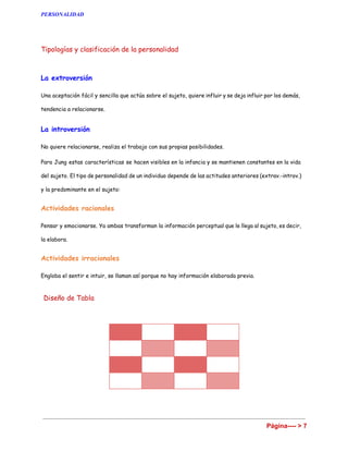 PERSONALIDAD 
Identificar los diversos subsistemas dónde ubicar distintos términos que sean utilizados a lo largo de
la historia para describir la personalidad de los individuos esta identificación tiene más una utilidad
didáctica.
​El temperamento
Un conjunto de rasgos relativamente estables del organismo, determinados principalmente por la
biología del mismo y que se manifiestan en las diferentes formas de reacción conductuales que tiene la
persona, en definitiva el temperamento hace referencia a las características emocionales de la
conducta.
​Constitución
Representa la unidad biofísica en la que se asientan la individualidad psicológica del sujeto y agrupa
tanto los aspectos morfológicos como los fisiológicos.
​Carácter
Proviene el término de la psicología de corte filosófico a partir del s.XIX es la influencia social, nos
referimos a la mezcla de valores, creencias, sentimientos que tiene un sujeto y que están matizados
por valores éticos-morales de la sociedad en la que el individuo vive, además la evaluación del carácter
precisa un estudio cualitativo no cuantitativo.
​Inteligencia
Esta inteligencia no es el C.I. de los tests de inteligencia, se refiere hasta qué punto el individuo es
considerado socialmente inteligente y como demuestra el C.I. de los tests en la práctica o interacción
con el medio.
Tipologías y clasificación de la personalidad
Página ---->7 
 