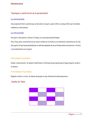 PERSONALIDAD 
Tipologías y clasificación de la personalidad
La extroversión
Una aceptación fácil y sencilla que actúa sobre el sujeto, quiere influir y se deja influir por los demás,
tendencia a relacionarse.
La introversión
No quiere relacionarse, realiza el trabajo con sus propias posibilidades.
Para Jung estas características se hacen visibles en la infancia y se mantienen constantes en la vida
del sujeto. El tipo de personalidad de un individuo depende de las actitudes anteriores (extrav.-introd.)
y la predominante en el sujeto:
Actividades racionales
Pensar y emocionarse. Ya ambas transforman la información perceptual que le llega al sujeto, es decir,
la elabora.
Actividades irracionales
Engloba el sentir e intuir, se llaman así porque no hay información elaborada previa.
Diseño de Tabla
 
       
       
       
       
 
Página ­­­­­­­­ > 7 
 