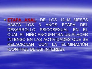  ETAPA ANAL: DE LOS 12-18 MESES
HASTA LOS 3 AÑOS ETAPA DEL
DESARROLLO PSICOSEXUAL EN EL
CUAL EL NIÑO ENCUENTRA UN PLACER
INTENSO EN LAS ACTIVIDADES QUE SE
RELACIONAN CON LA ELIMINACIÓN
(CONTROL DE ESFINTERES).
 