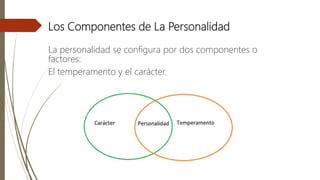 Los Componentes de La Personalidad
La personalidad se configura por dos componentes o
factores:
El temperamento y el carácter.
 