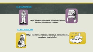 EL DESAFIADOR
El tipo poderoso, dominante, seguro de sí mismo,
decidido, voluntarioso y retador.
EL PACIFICADOR
El tipo indolente, modesto, receptivo, tranquilizador,
agradable y satisfecho.
 