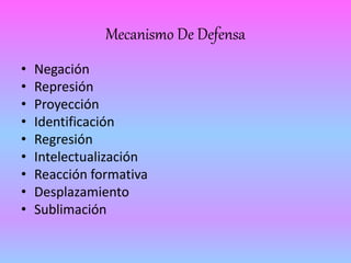 Mecanismo De Defensa 
• Negación 
• Represión 
• Proyección 
• Identificación 
• Regresión 
• Intelectualización 
• Reacción formativa 
• Desplazamiento 
• Sublimación 
 