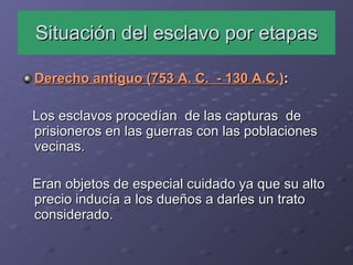 Situación del esclavo por etapas Derecho antiguo (753 A. C.  - 130 A.C.) : Los esclavos procedían  de las capturas  de prisioneros en las guerras con las poblaciones vecinas. Eran objetos de especial cuidado ya que su alto precio inducía a los dueños a darles un trato considerado. 