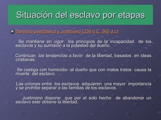 Situación del esclavo por etapas Derecho postclásico y Justiniano (230 d C. 565 d.c) : Se mantiene en vigor  los principios de la incapacidad  de los esclavos y su sumisión a la potestad del dueño. Continúan  las tendencias a favor  de la libertad, basados  en ideas cristianas. Se castiga con homicidio  al dueño que con malos tratos  causa la muerte  del esclavo. Las uniones entre  los esclavos  adquieren  una mayor  importancia y se prohíbe separar a las familias de los esclavos. Justiniano dispone  que por el solo hecho  de abandonar un esclavo este obtiene la libertad.  