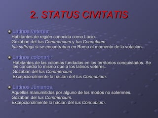 2.  STATUS CIVITATIS Latinos veteres: Habitantes de región conocida como Lacio. Gozaban del  Ius Commercium  y  Ius Connubium . Ius suffragii  si se encontraban en Roma al momento de la votación. Latinos colonarii: Habitantes de las colonias fundadas en los territorios conquistados. Se les concedió lo mismo que a los latinos veteres. Gozaban del  Ius Commercium Excepcionalmente lo hacían del  Ius Connubium . Latinos Junianos. Aquellos manumitidos por alguno de los modos no solemnes. Gozaban del  Ius Commercium . Excepcionalmente lo hacían del  Ius Connubium . 