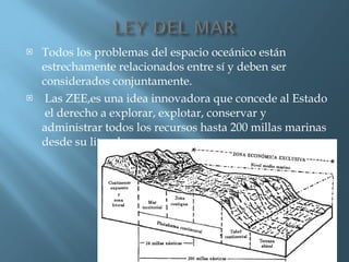 Todos los problemas del espacio oceánico están estrechamente relacionados entre sí y deben ser considerados conjuntamente. Las ZEE,es una idea innovadora que concede al Estado  el derecho a explorar, explotar, conservar y administrar todos los recursos hasta 200 millas marinas desde su litoral. 