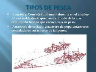El  arrastre: Consiste fundamentalmente en el empleo de una red lastrada que barre el fondo de la mar capturando todo lo que encuentra a su paso. Arrastrero de costado, arrastrero de popa, arrastreros congeladores, arrastreros de tangones. 