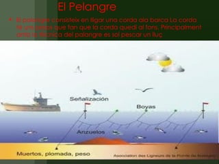 El Pelangre
 El palangre consisteix en lligar una corda ala barca La corda
  té uns pesos que fan que la corda quedi al fons. Principalment
  amb la tècnica del palangre es sol pescar un lluç
 