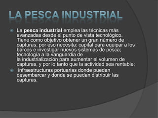  La pesca industrial emplea las técnicas más
avanzadas desde el punto de vista tecnológico.
Tiene como objetivo obtener un gran número de
capturas, por eso necesita: capital para equipar a los
barcos e investigar nuevos sistemas de pesca;
tecnología a la vanguardia de
la industrialización para aumentar el volumen de
capturas, y por lo tanto que la actividad sea rentable;
 infraestructuras portuarias donde puedan
desembarcar y donde se puedan distribuir las
capturas.
 