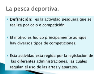 Definición:   es la actividad pesquera que se realiza por ocio o competición. El motivo es lúdico principalmente aunque hay diversos tipos de competiciones.  Esta actividad está regida por la legislación de  las diferentes administraciones, las cuales regulan el uso de las artes y aparejos. 